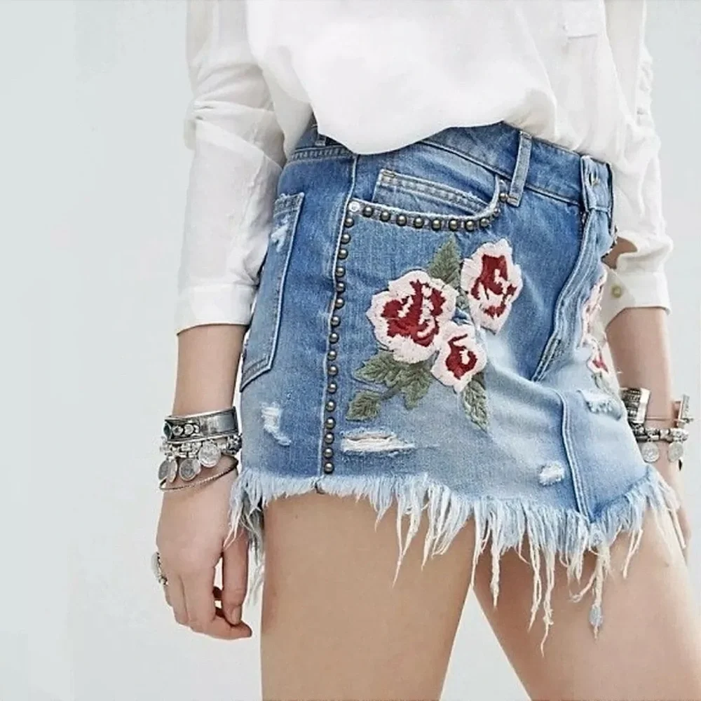 Free People Embroidered Jean Skirt Mini Blue Denim Size 25 - Picture 2 of 11